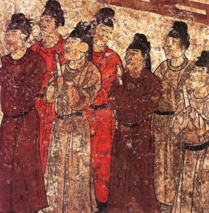 A group of eunuchs. Mural from the tomb of the prince Zhanghuai, 706, Qianling, Shaanxi.